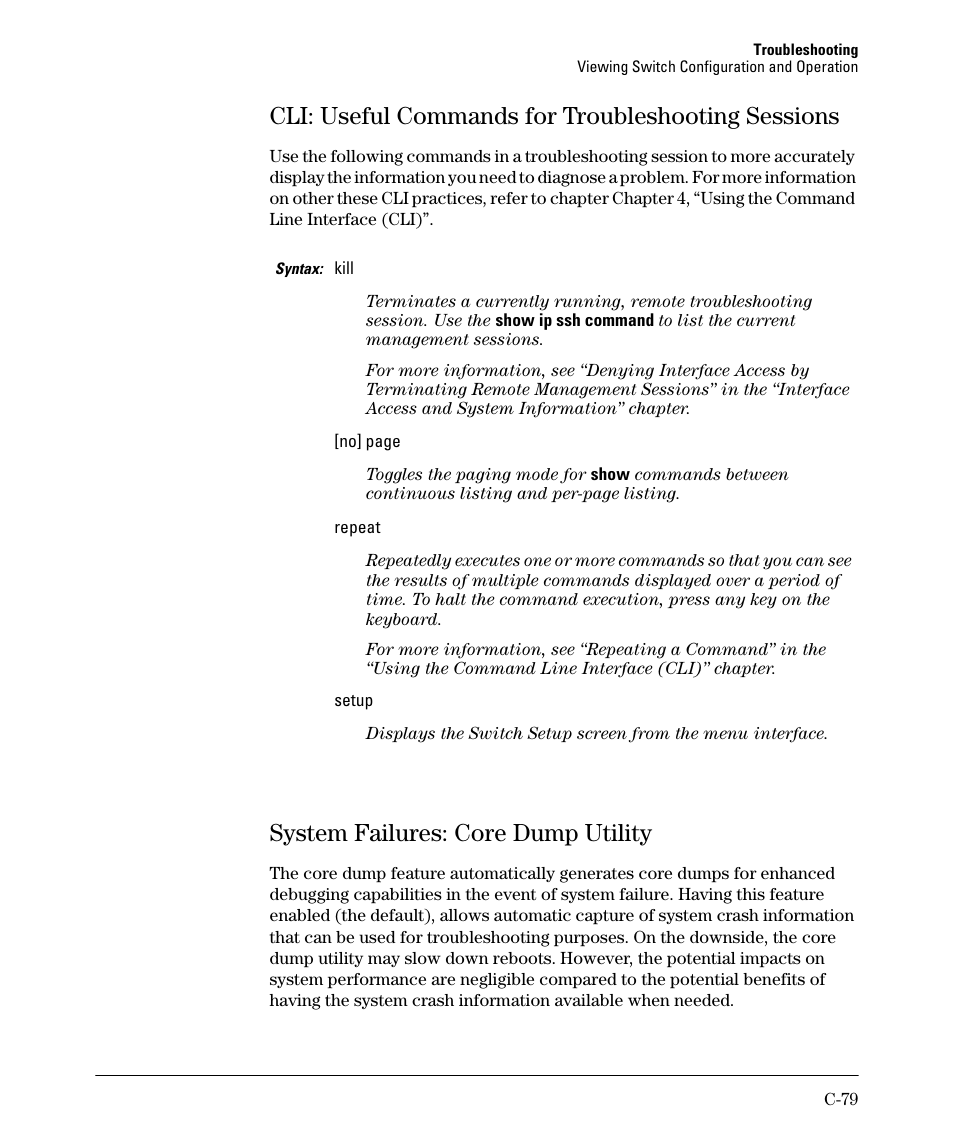 Cli: useful commands for troubleshooting sessions, System failures: core dump utility | HP 2910AL User Manual | Page 567 / 618