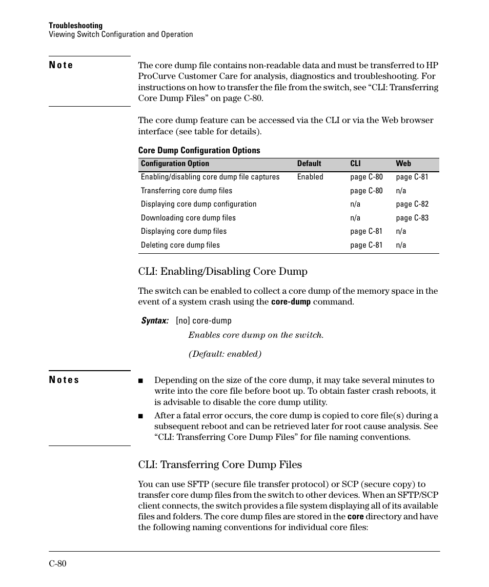 Cli: enabling/disabling core dump, Cli: transferring core dump files | HP 2910AL User Manual | Page 568 / 618