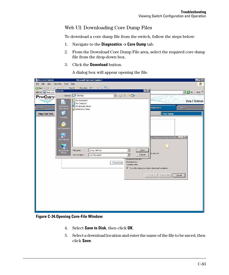 Web ui: downloading core dump files | HP 2910AL User Manual | Page 571 / 618