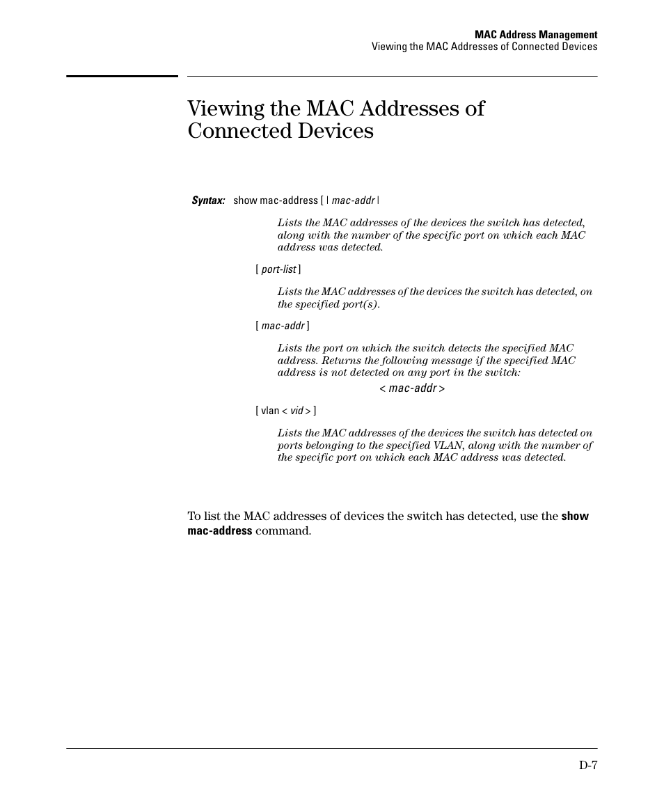 Viewing the mac addresses of connected devices | HP 2910AL User Manual | Page 591 / 618