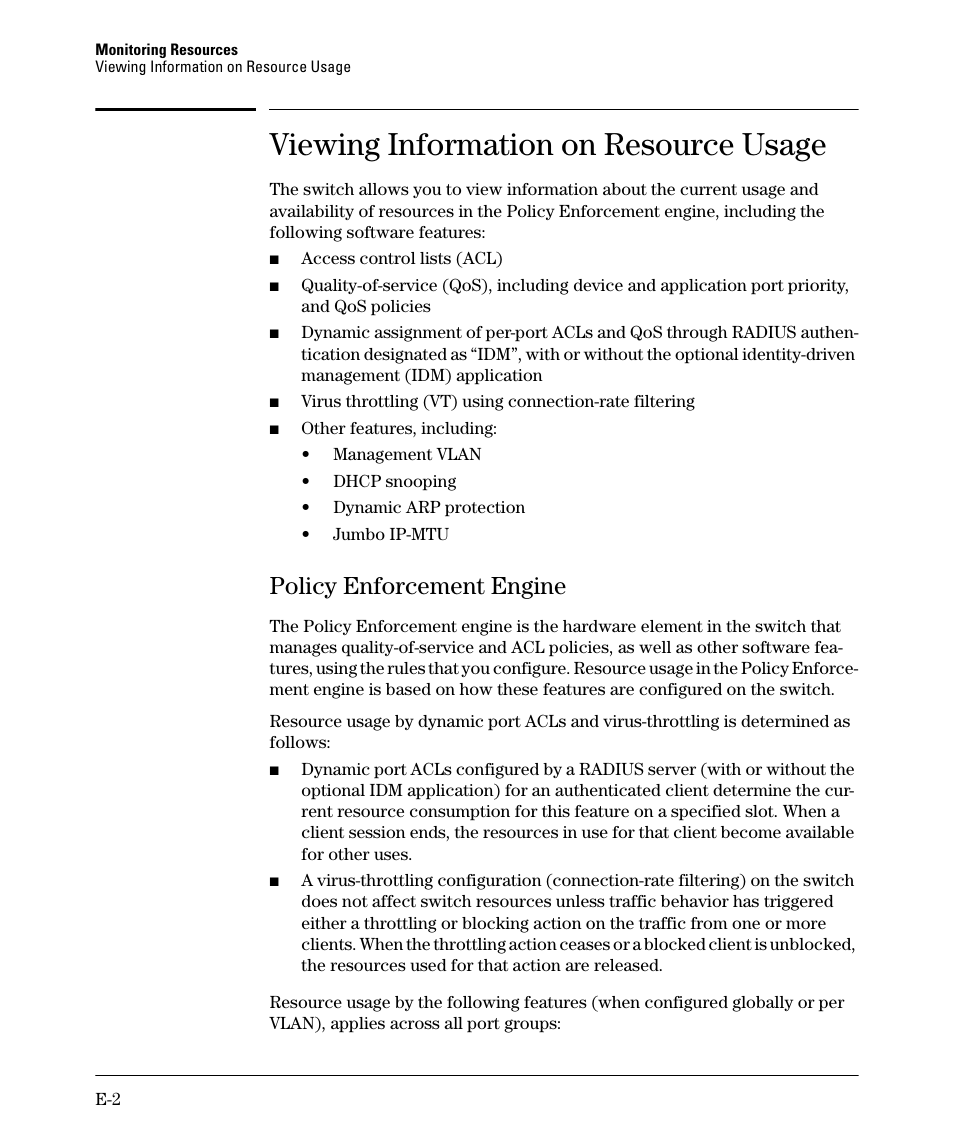 Viewing information on resource usage, Policy enforcement engine | HP 2910AL User Manual | Page 594 / 618