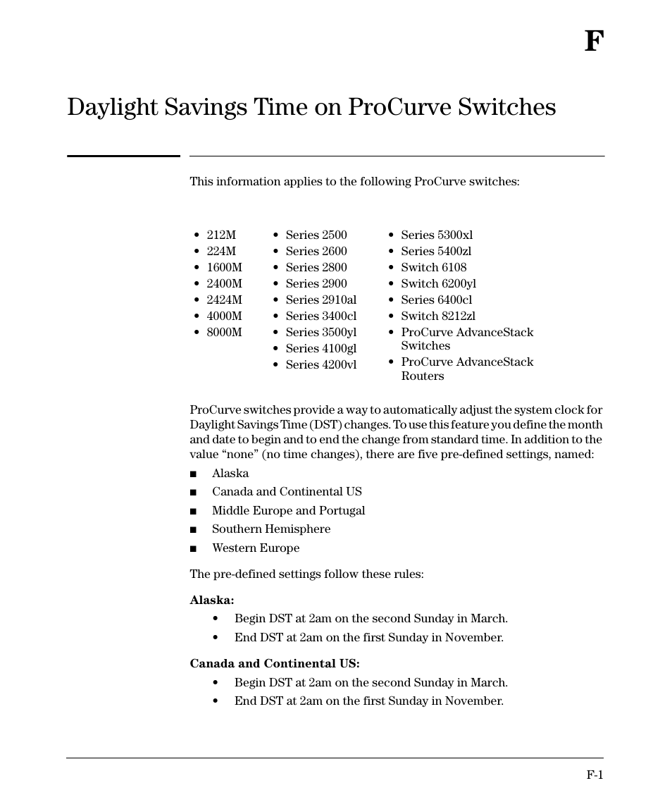 F.daylight savings time on procurve switches, F daylight savings time on procurve switches, Daylight savings time on procurve switches | HP 2910AL User Manual | Page 599 / 618