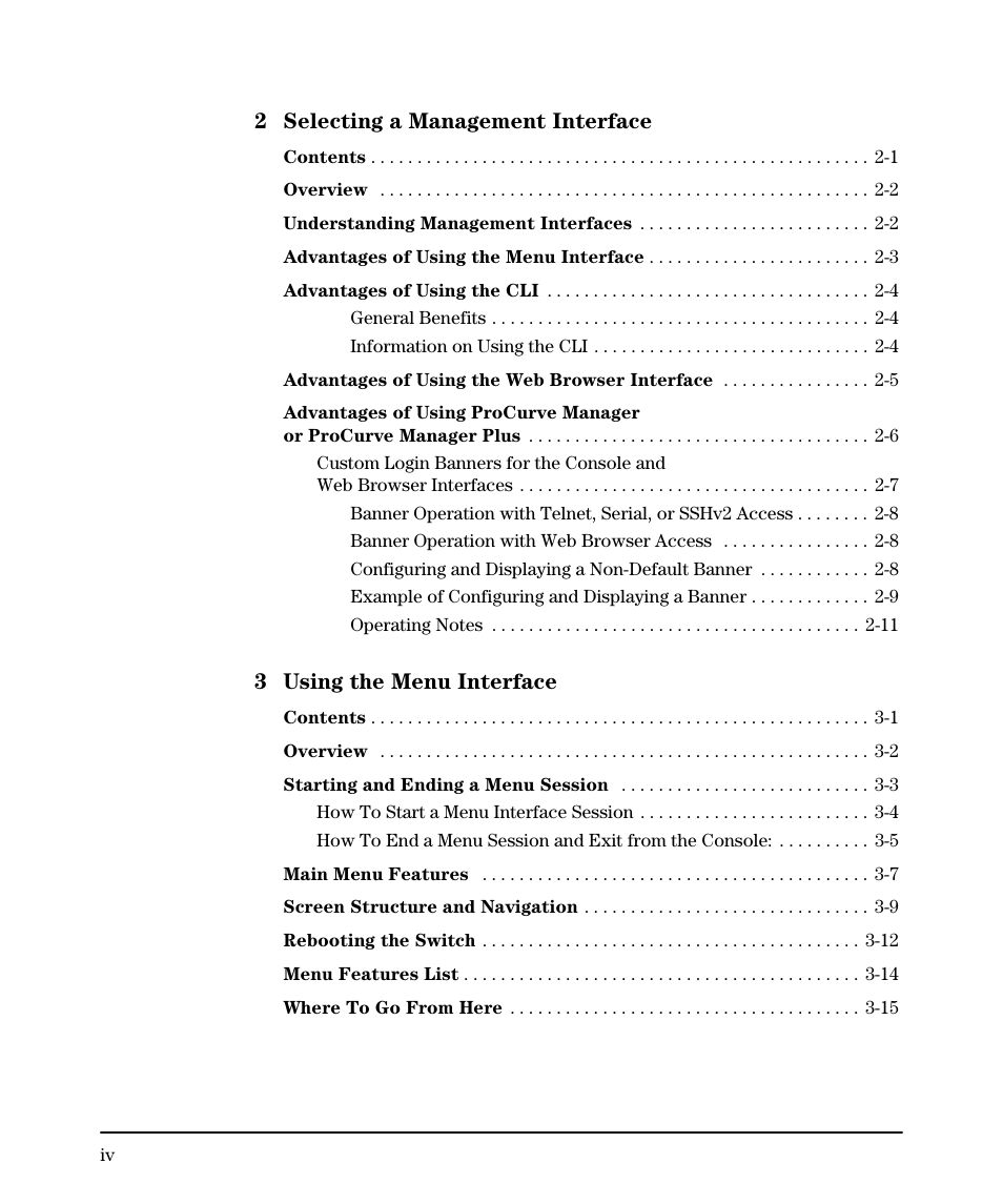 2 selecting a management interface, 3 using the menu interface | HP 2910AL User Manual | Page 6 / 618