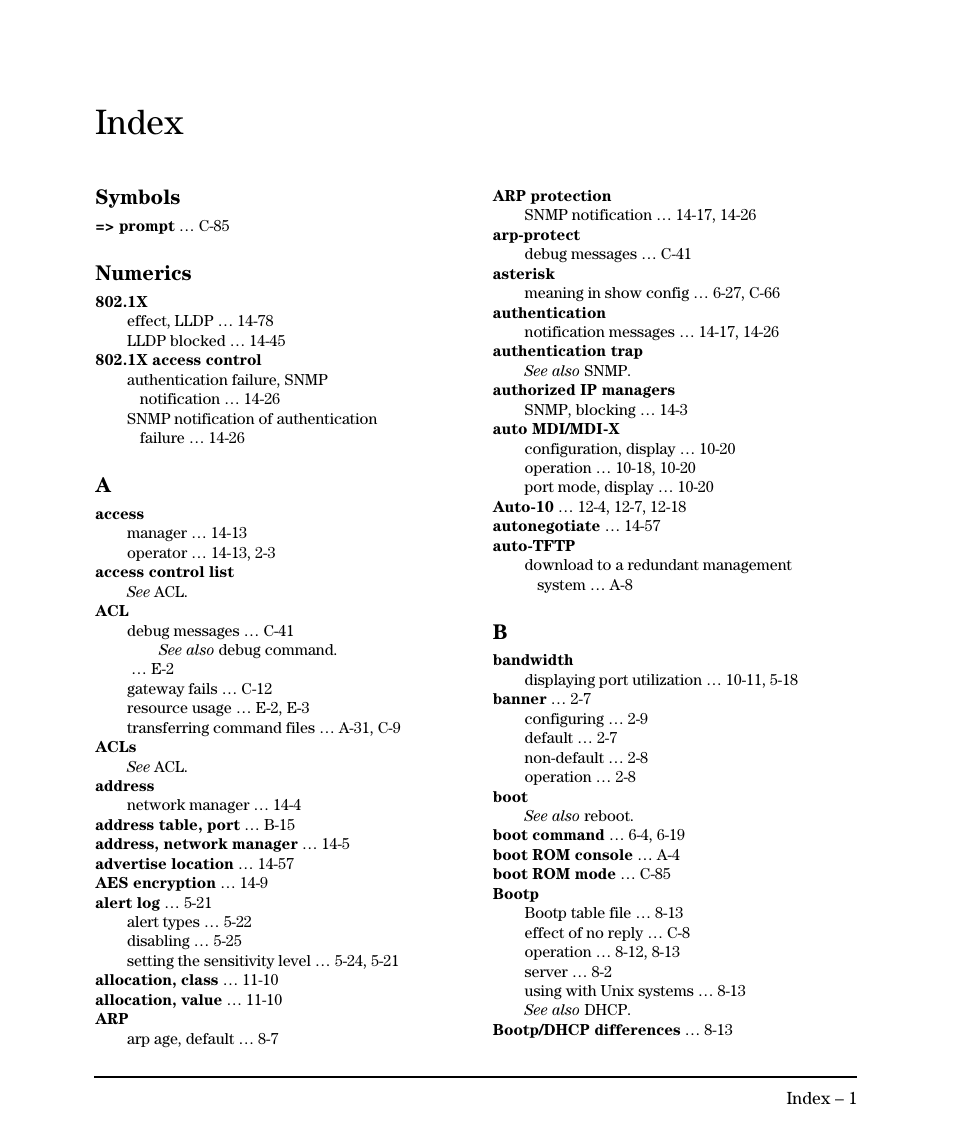 Symbols, Numerics, Index | HP 2910AL User Manual | Page 603 / 618