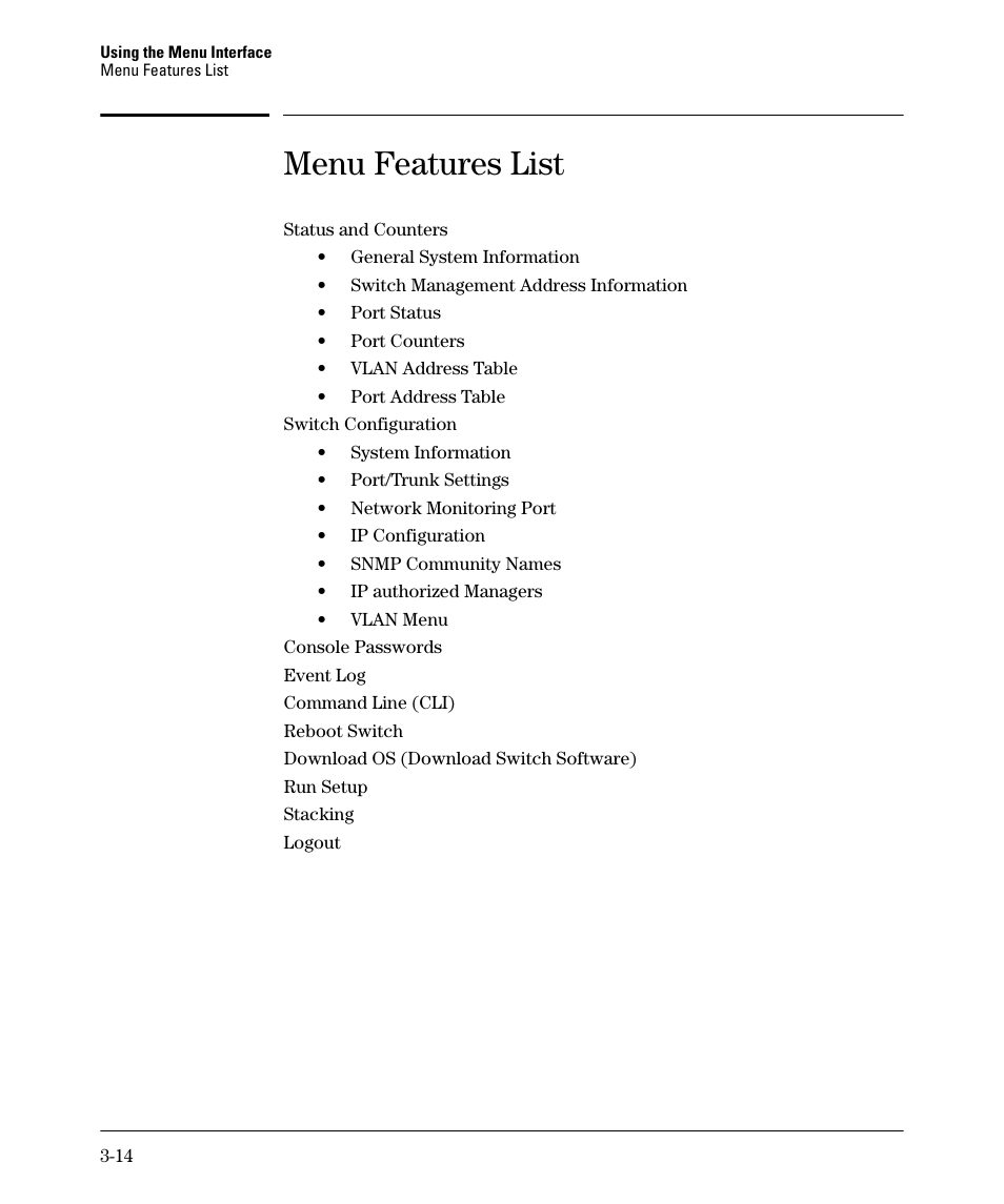 Menu features list | HP 2910AL User Manual | Page 62 / 618