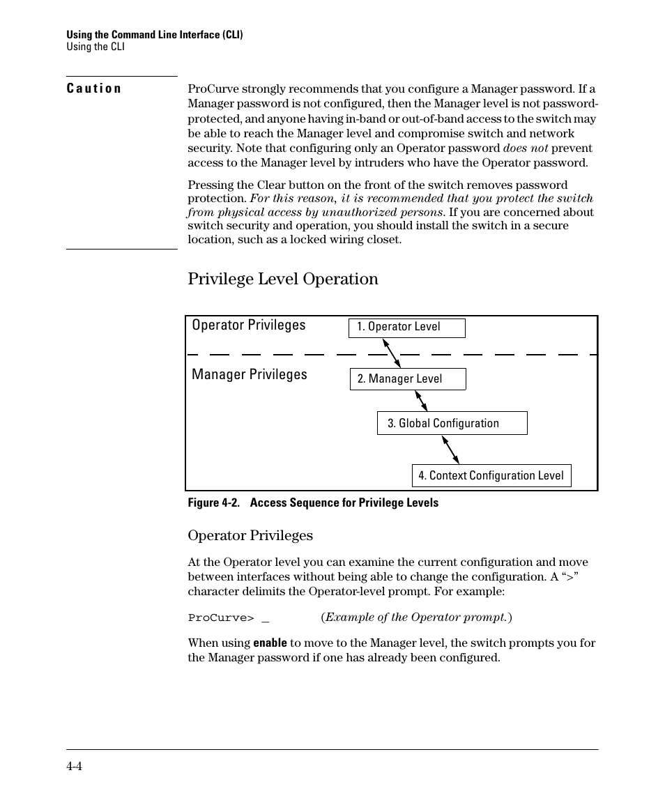 Privilege level operation, Operator privileges, Privilege level operation -4 | Operator privileges -4 | HP 2910AL User Manual | Page 68 / 618