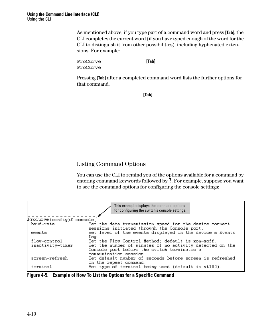 Listing command options, Listing command options -10 | HP 2910AL User Manual | Page 74 / 618