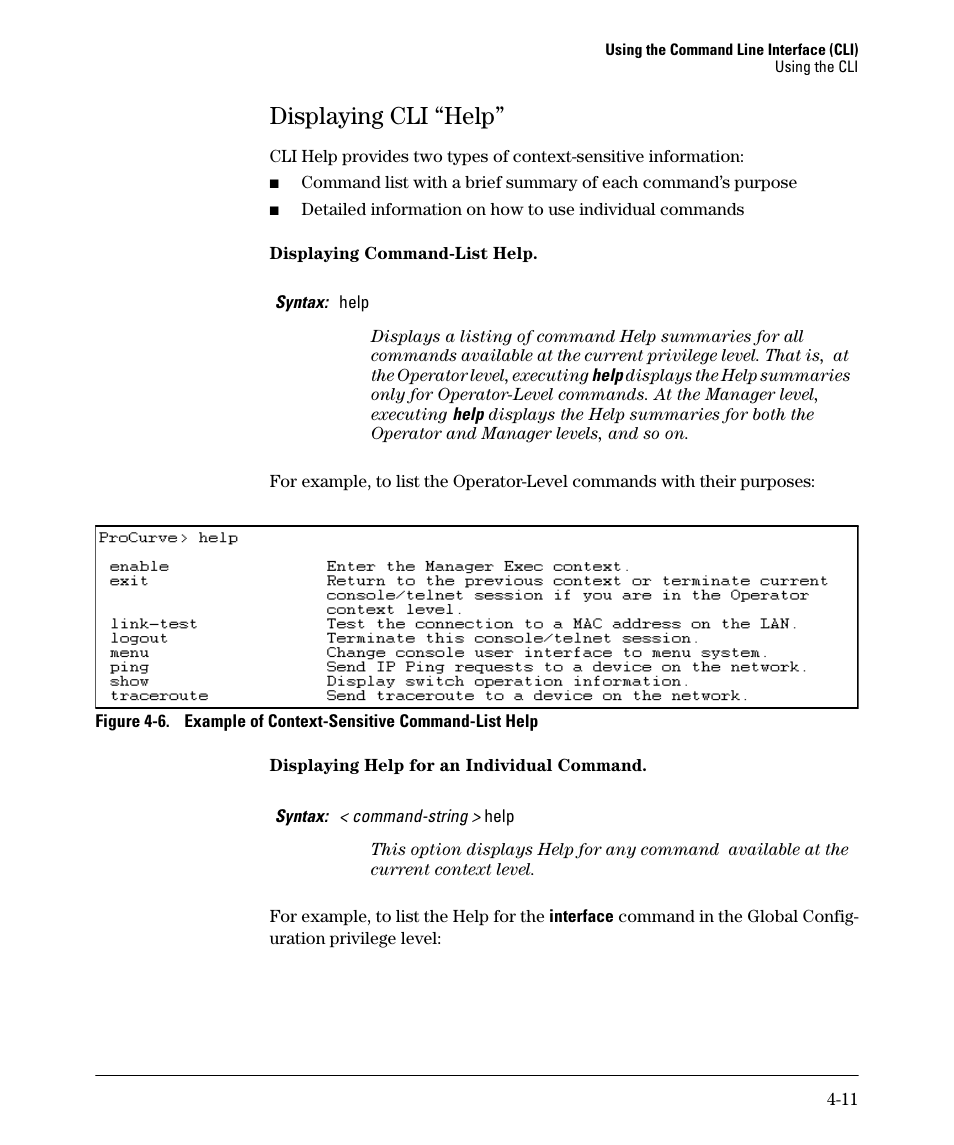 Displaying cli “help, Displaying cli “help” -11 | HP 2910AL User Manual | Page 75 / 618