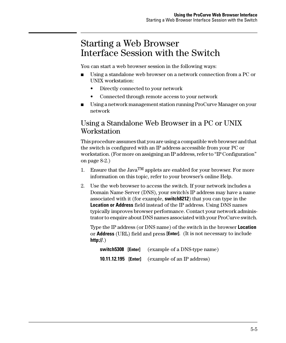 Starting a web browser, Interface session with the switch | HP 2910AL User Manual | Page 87 / 618