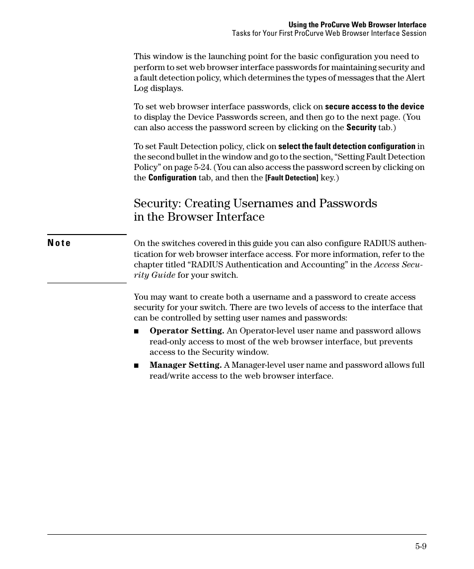 Security: creating usernames and passwords, In the browser interface -9, In the browser interface -8 | HP 2910AL User Manual | Page 91 / 618