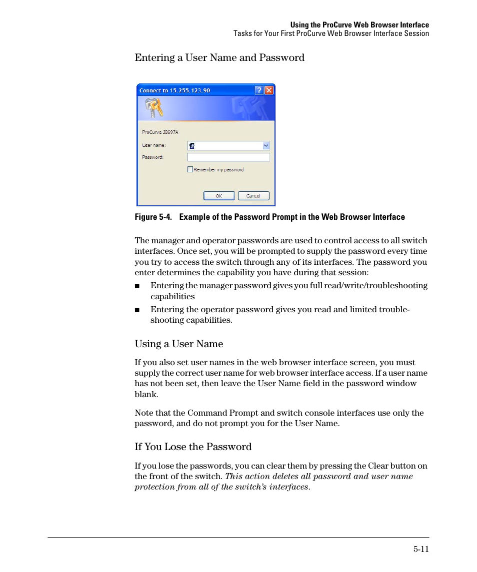 Entering a user name and password, Using a user name, If you lose the password | Entering a user name and password -11, Using a user name -11, If you lose the password -11, Entering a user name and password -10, Using a user name -10, If you lose the password -10 | HP 2910AL User Manual | Page 93 / 618