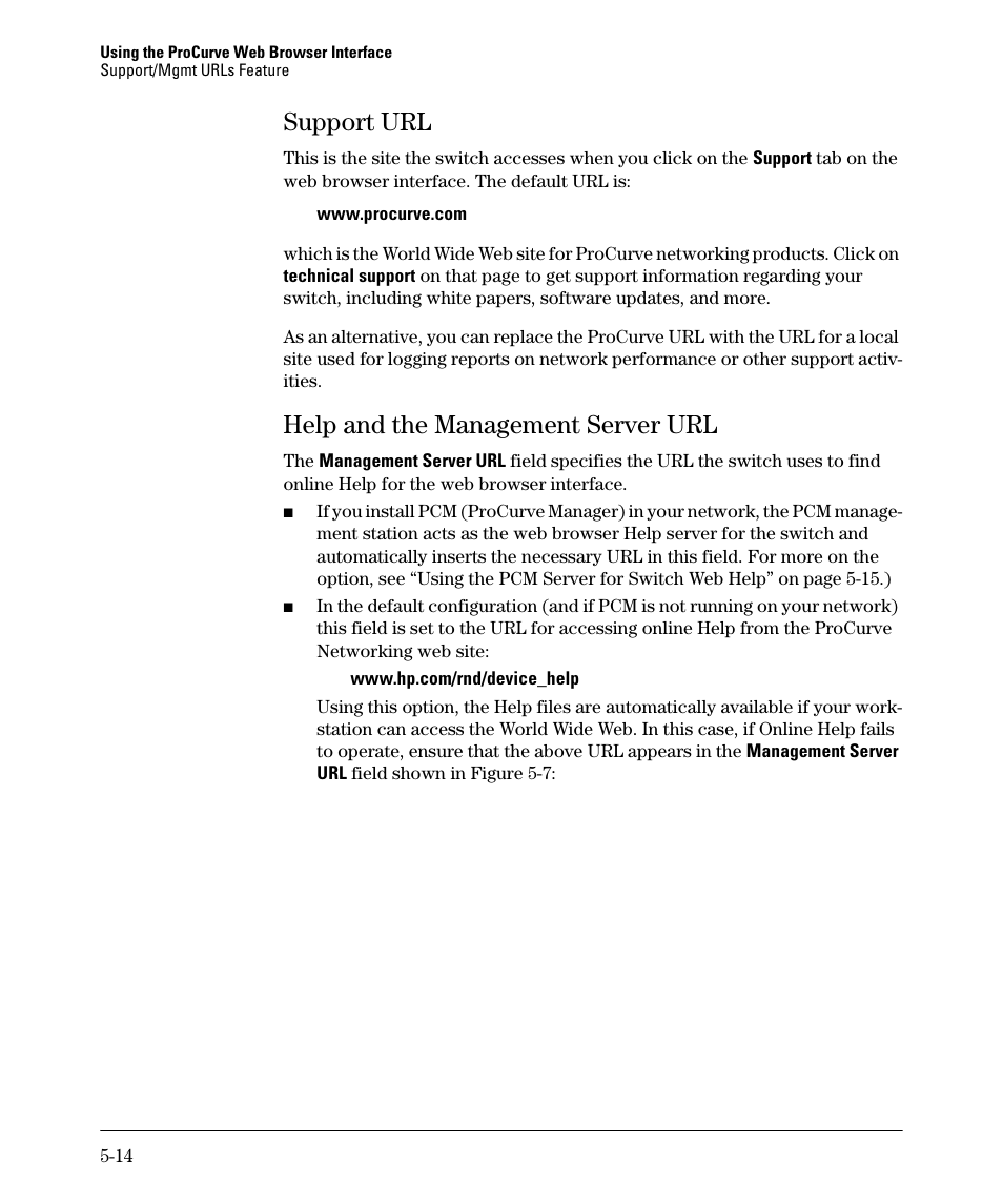 Support url, Help and the management server url, Support url -14 | Help and the management server url -14, Support url -13, Help and the management server url -13 | HP 2910AL User Manual | Page 96 / 618