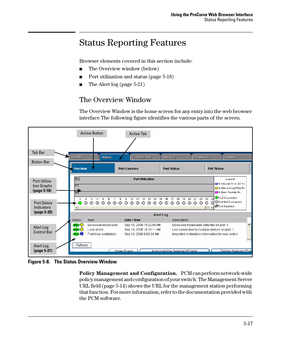 Status reporting features, The overview window, The overview window -17 | The overview window -16 | HP 2910AL User Manual | Page 99 / 618