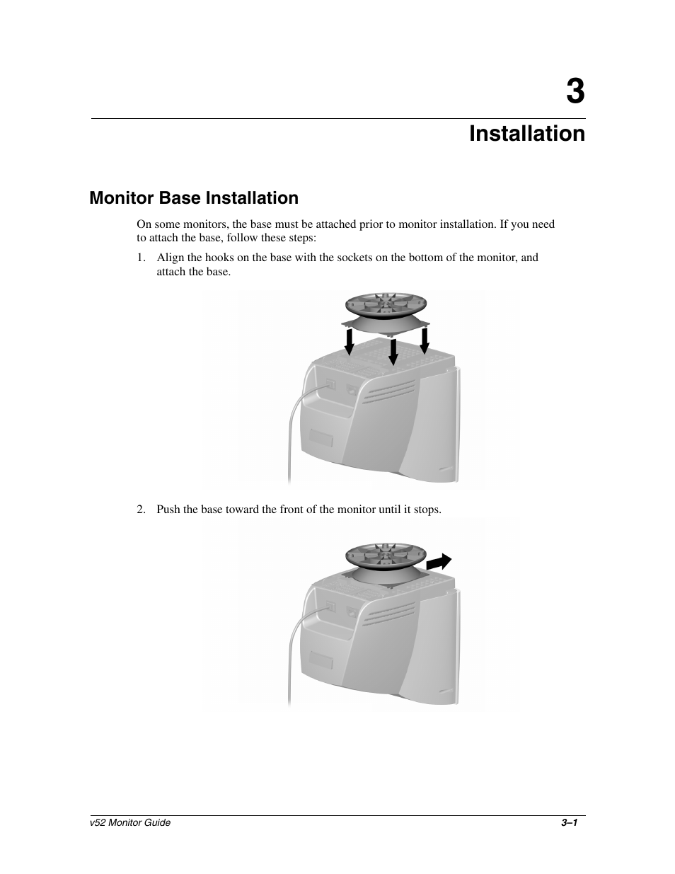 Installation, Monitor base installation | HP 3535437 User Manual | Page 11 / 32