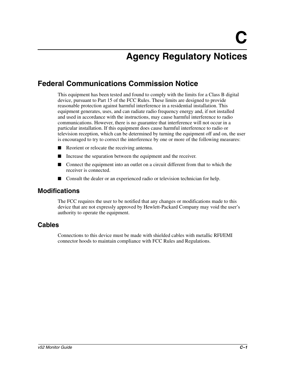 Agency regulatory notices, Federal communications commission notice, Modifications | Cables | HP 3535437 User Manual | Page 29 / 32