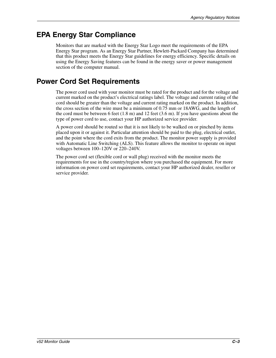 Epa energy star compliance, Power cord set requirements | HP 3535437 User Manual | Page 31 / 32