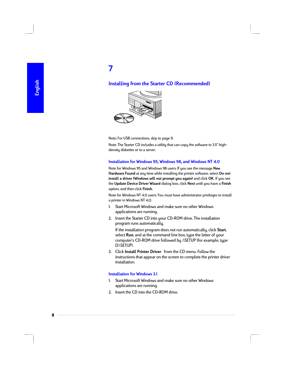 Installing from the starter cd (recommended), Installation for windows 3.1 | HP 1220C User Manual | Page 14 / 49