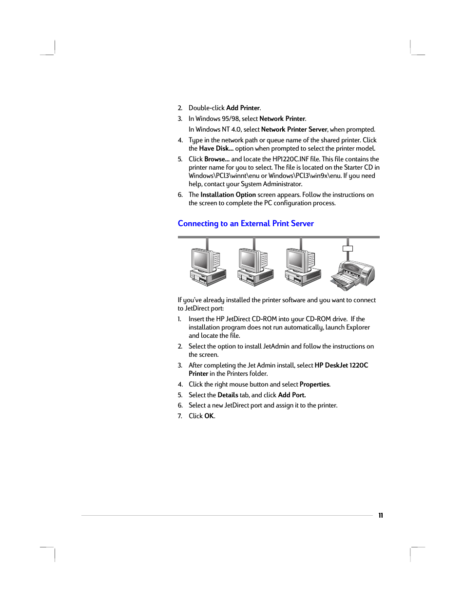 Connecting to an external print server | HP 1220C User Manual | Page 17 / 49