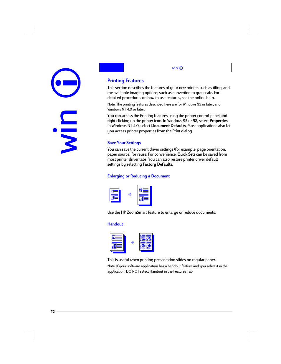 Windows, Printing features, Save your settings | Enlarging or reducing a document, Handout | HP 1220C User Manual | Page 18 / 49