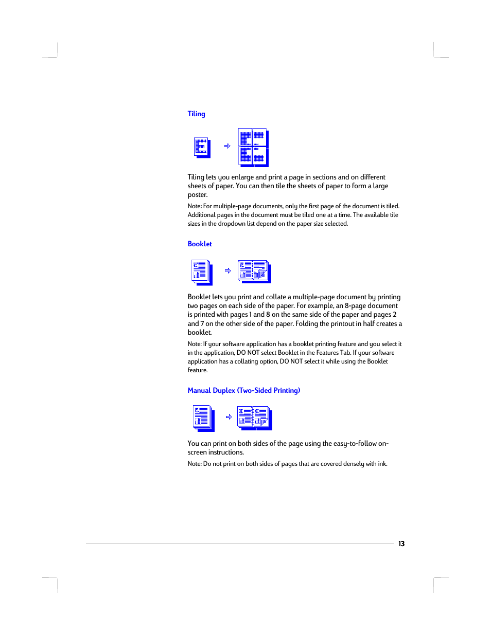 Tiling, Booklet, Manual duplex (two-sided printing) | HP 1220C User Manual | Page 19 / 49