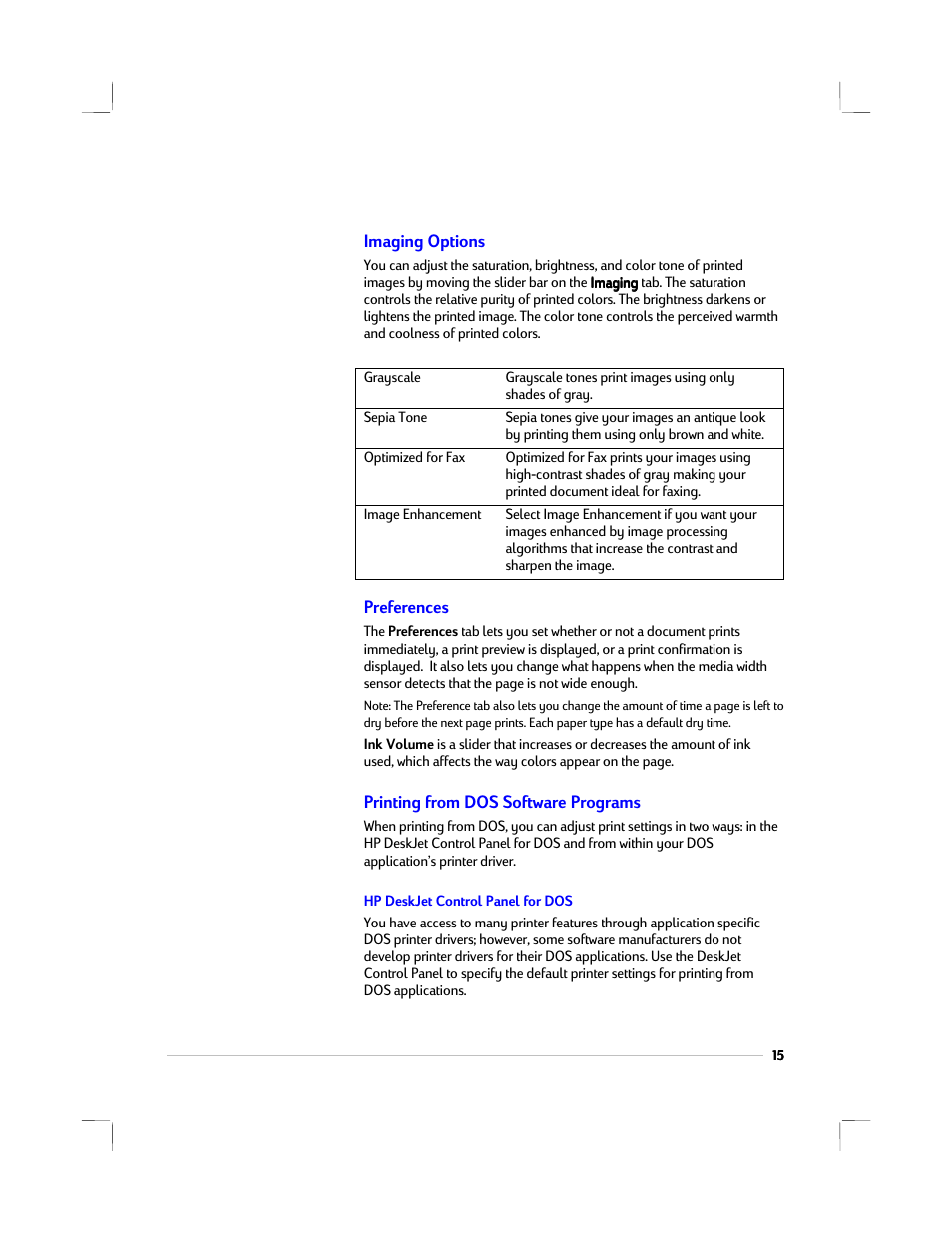 Imaging options, Preferences, Printing from dos software programs | Hp deskjet control panel for dos | HP 1220C User Manual | Page 21 / 49