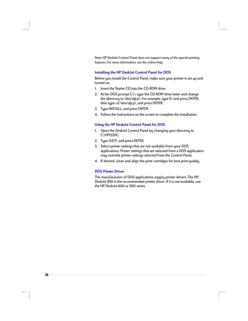 Installing the hp deskjet control panel for dos, Using the hp deskjet control panel for dos, Dos printer driver | HP 1220C User Manual | Page 22 / 49