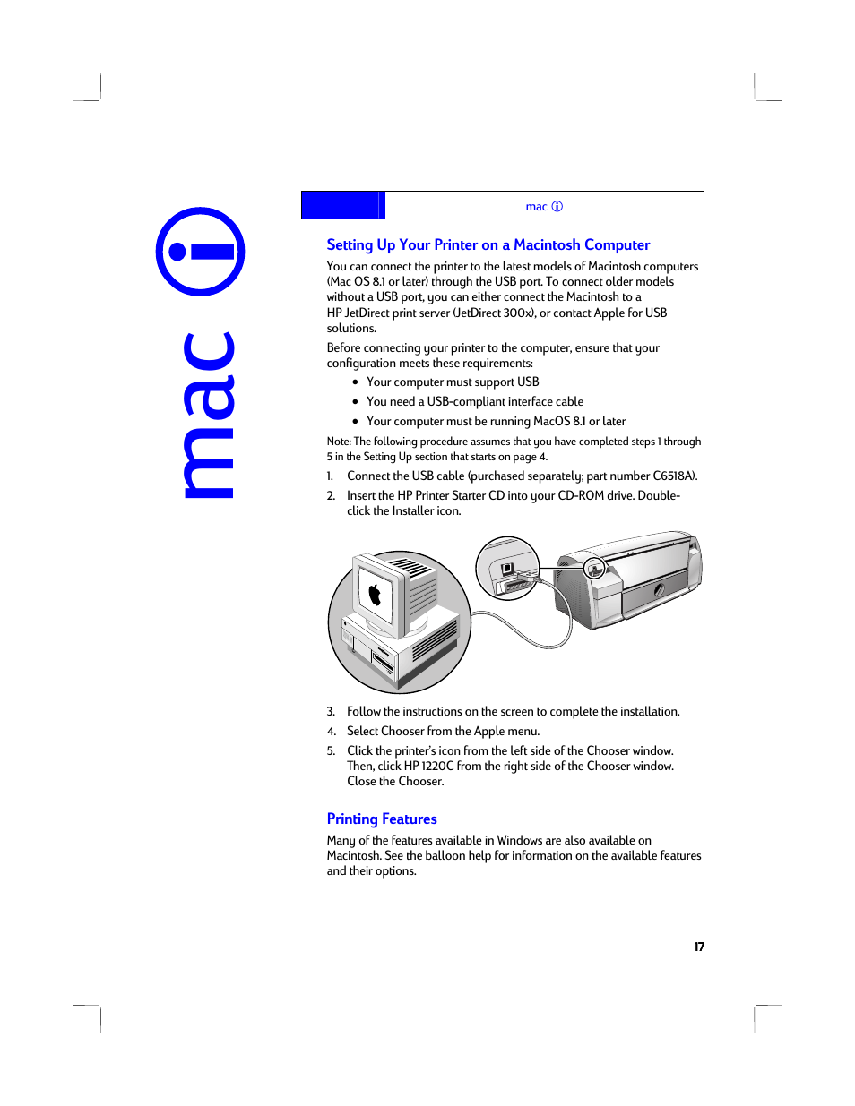 Macintosh, Setting up your printer on a macintosh computer, Printing features | HP 1220C User Manual | Page 23 / 49