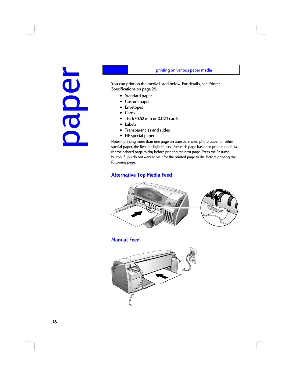 Printing on various paper media, Alternative top media feed, Manual feed | Pape r | HP 1220C User Manual | Page 24 / 49