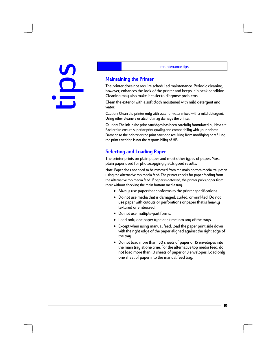 Maintenance tips, Maintaining the printer, Selecting and loading paper | Tips | HP 1220C User Manual | Page 25 / 49