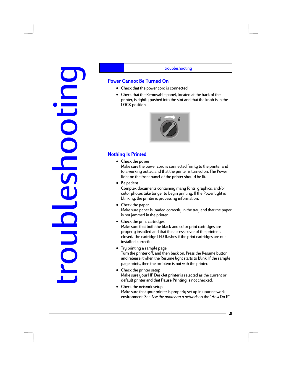 Troubleshooting, Power cannot be turned on, Nothing is printed | HP 1220C User Manual | Page 27 / 49