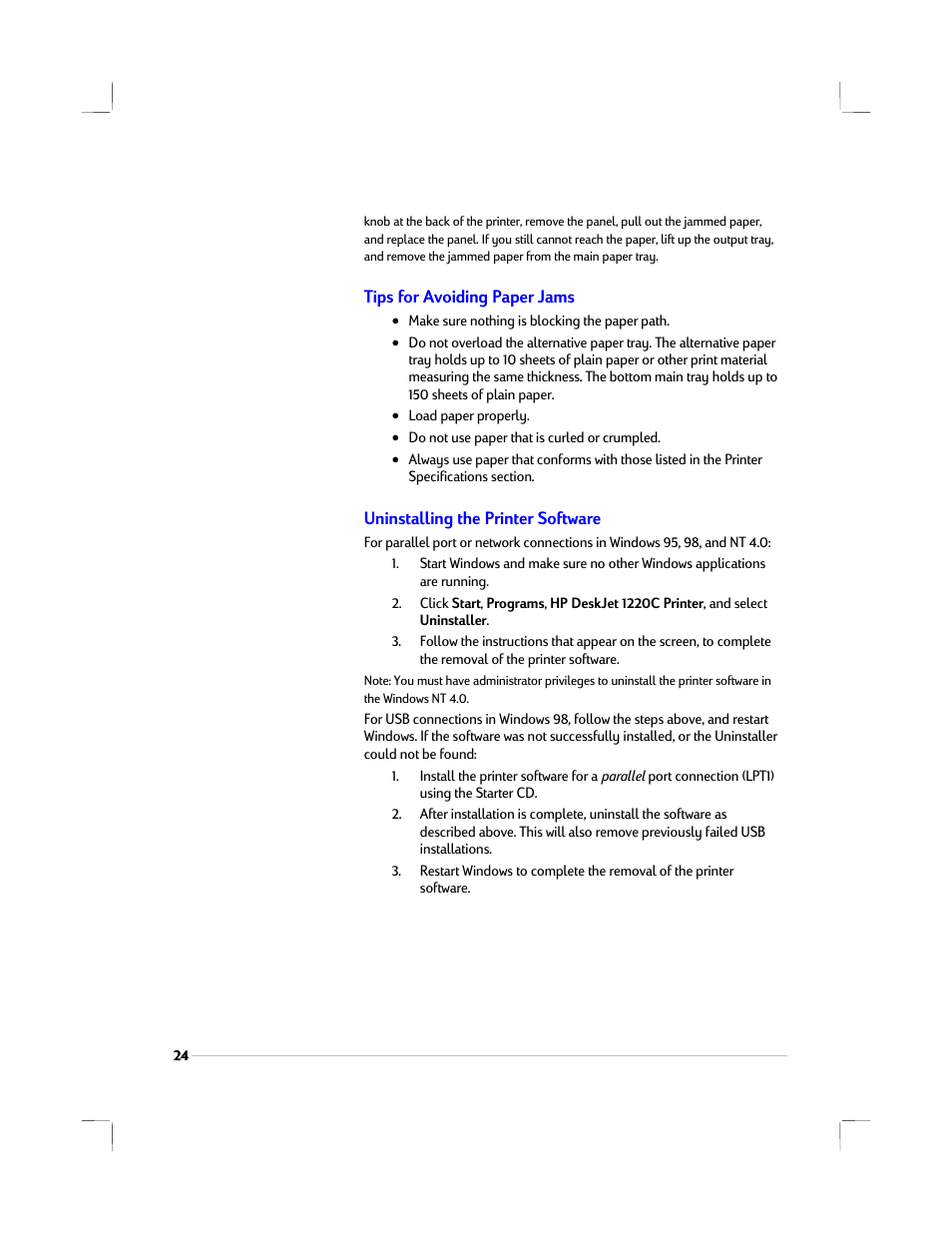 Tips for avoiding paper jams, Uninstalling the printer software | HP 1220C User Manual | Page 30 / 49