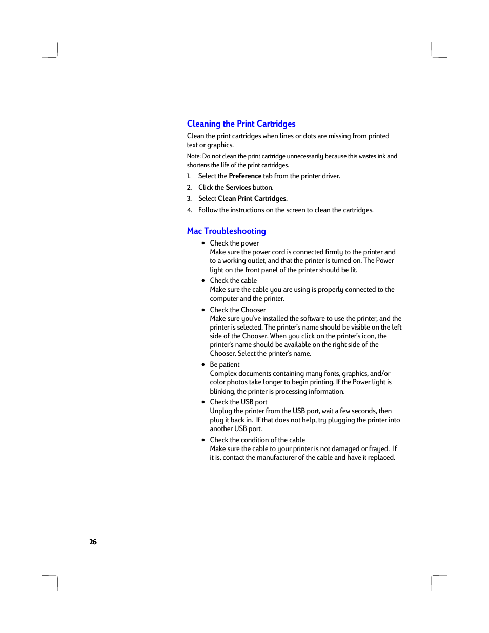 Cleaning the print cartridges, Mac troubleshooting | HP 1220C User Manual | Page 32 / 49