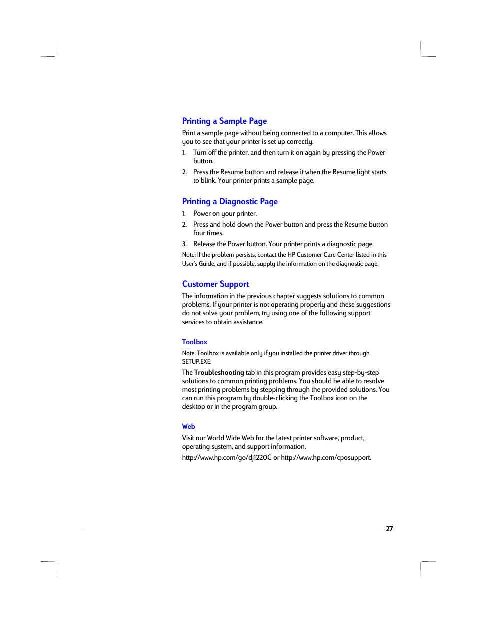 Customer support, Toolbox | HP 1220C User Manual | Page 33 / 49