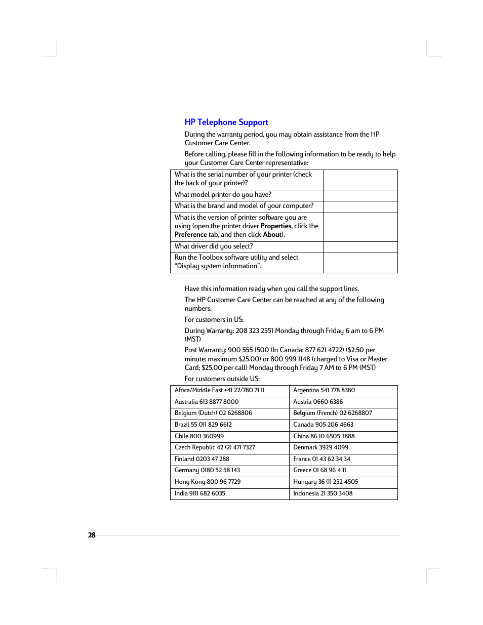 Hp telephone support | HP 1220C User Manual | Page 34 / 49
