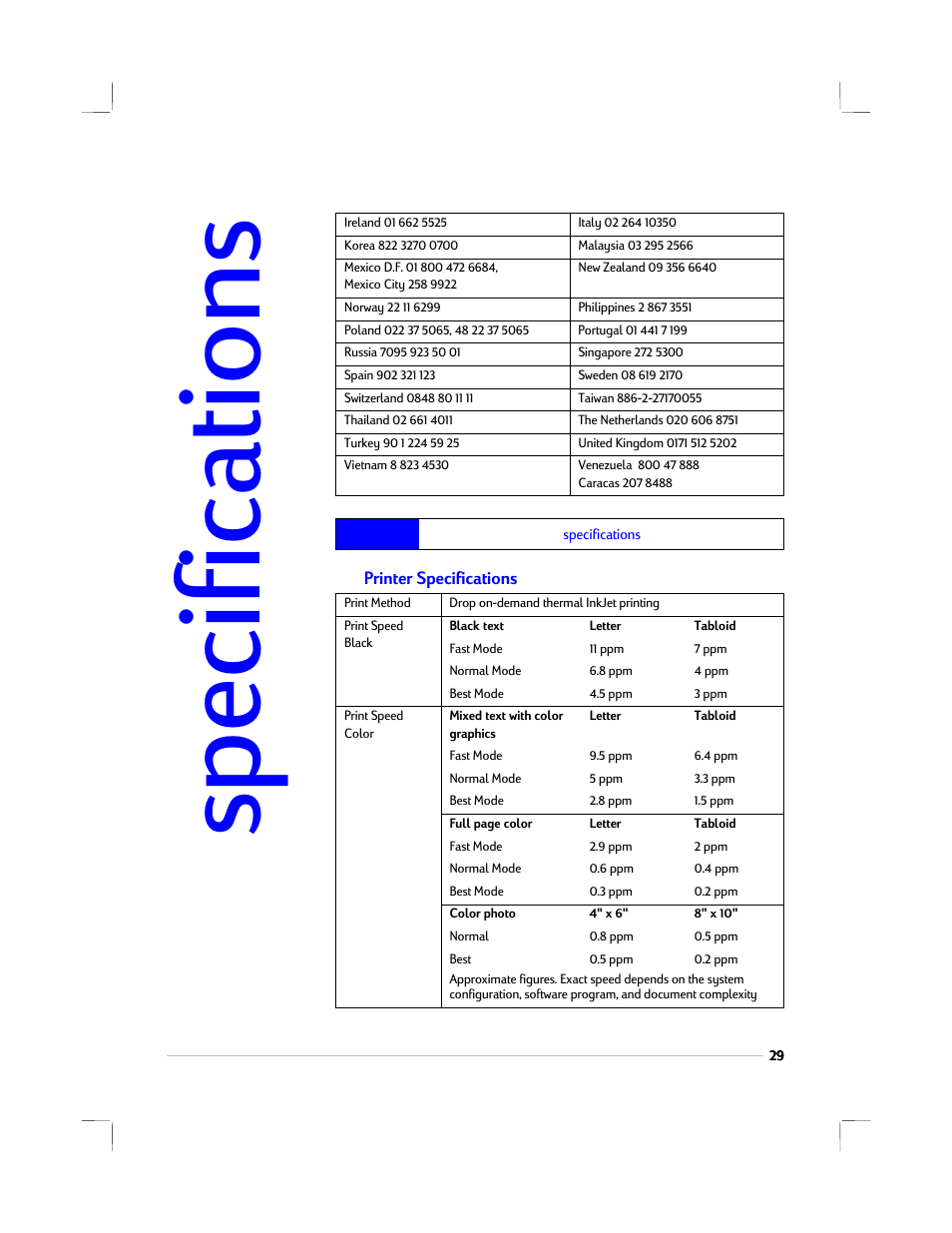 Specifications, Printer specifications | HP 1220C User Manual | Page 35 / 49