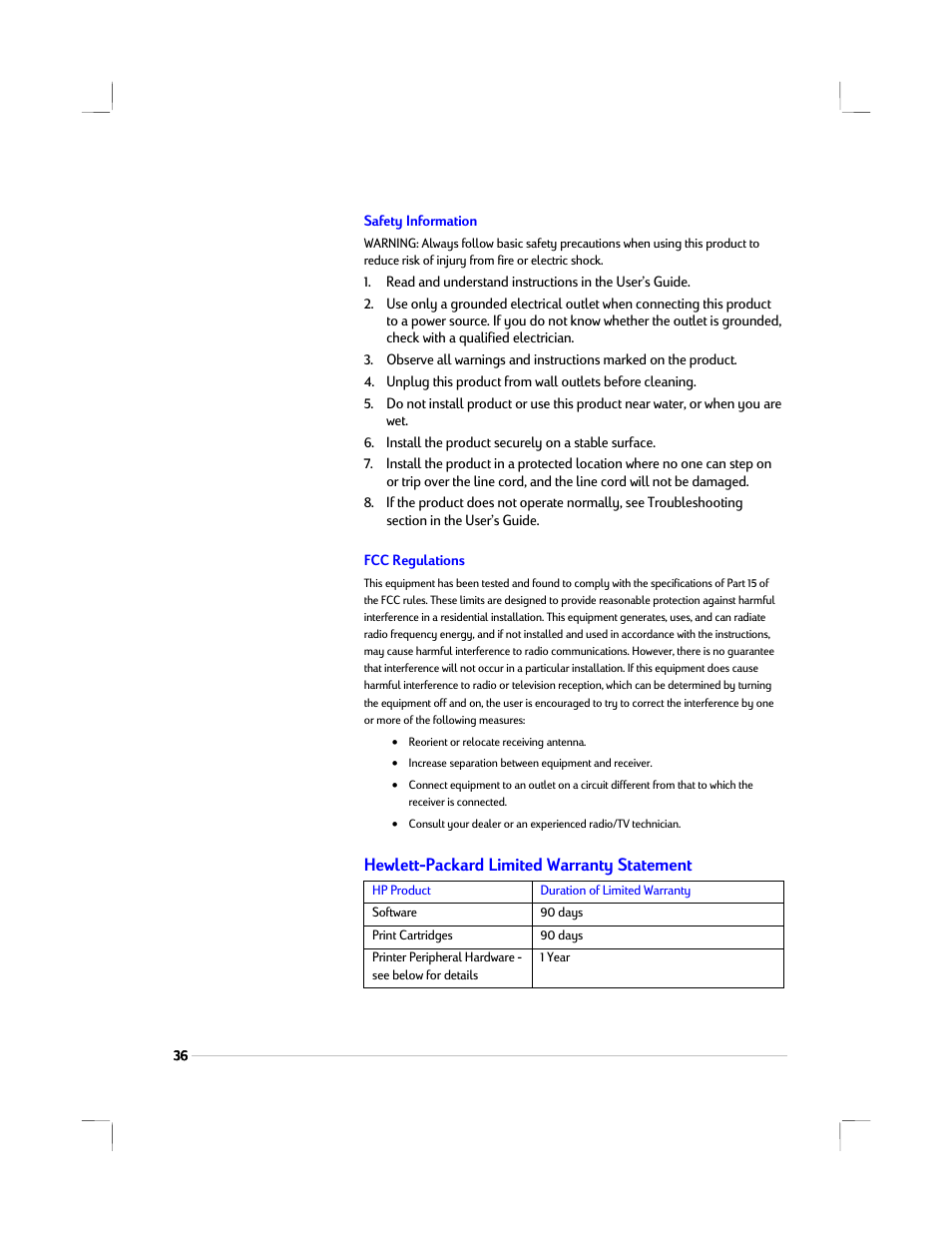 Safety information, Fcc regulations, Hewlett-packard limited warranty statement | HP 1220C User Manual | Page 42 / 49