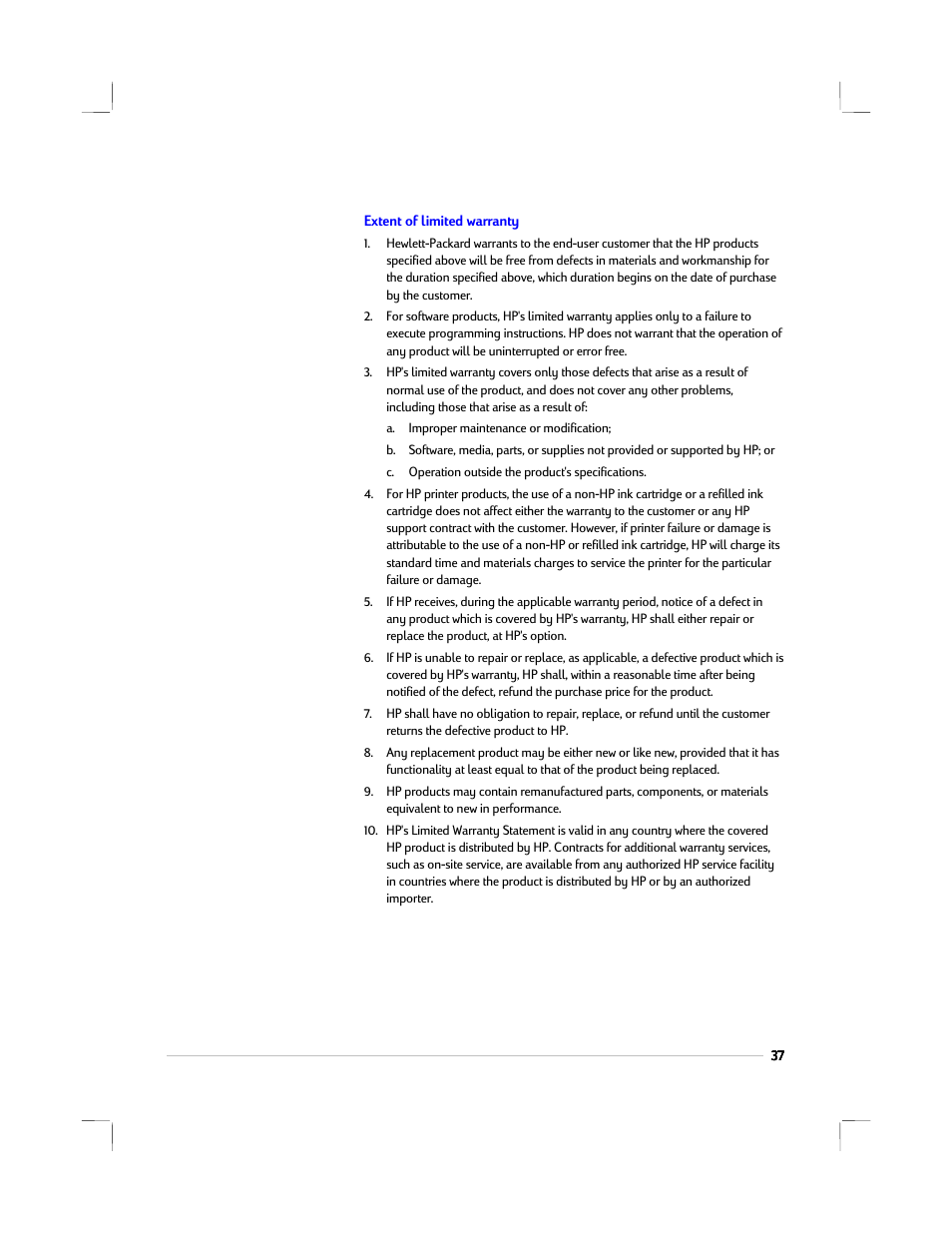 Extent of limited warranty | HP 1220C User Manual | Page 43 / 49