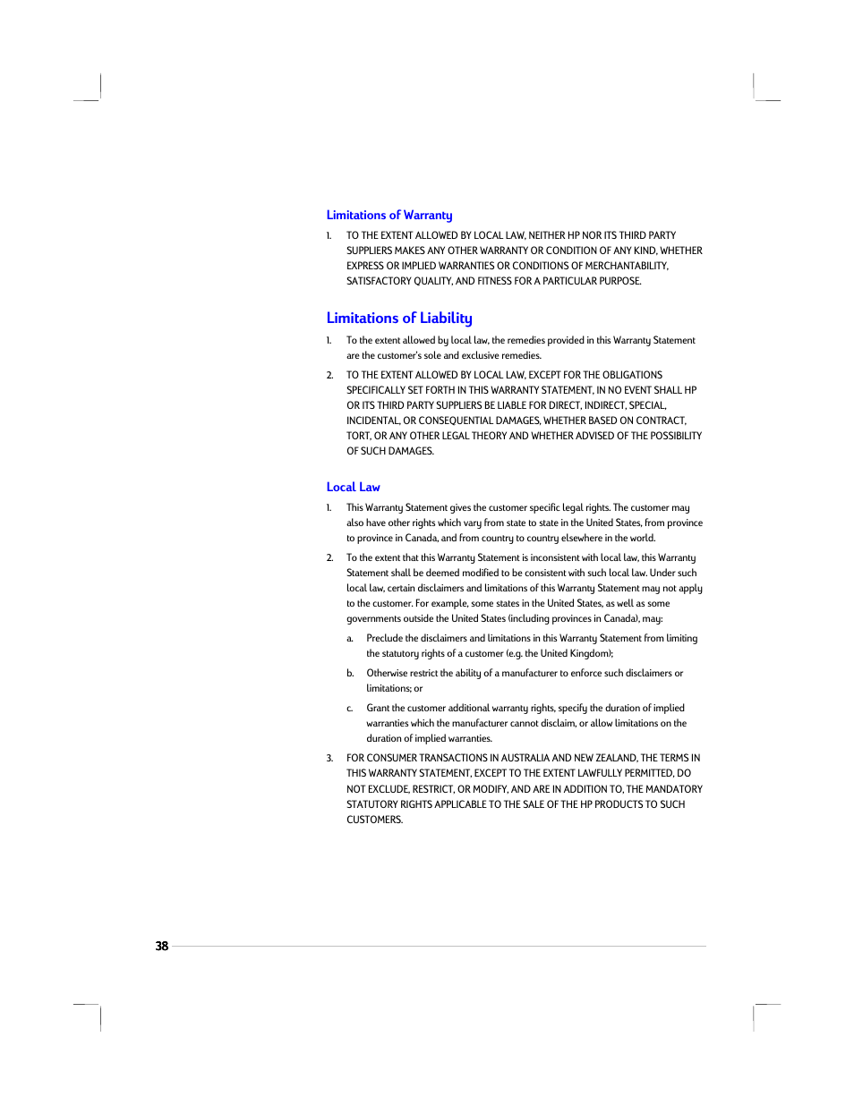 Limitations of warranty, Limitations of liability, Local law | HP 1220C User Manual | Page 44 / 49