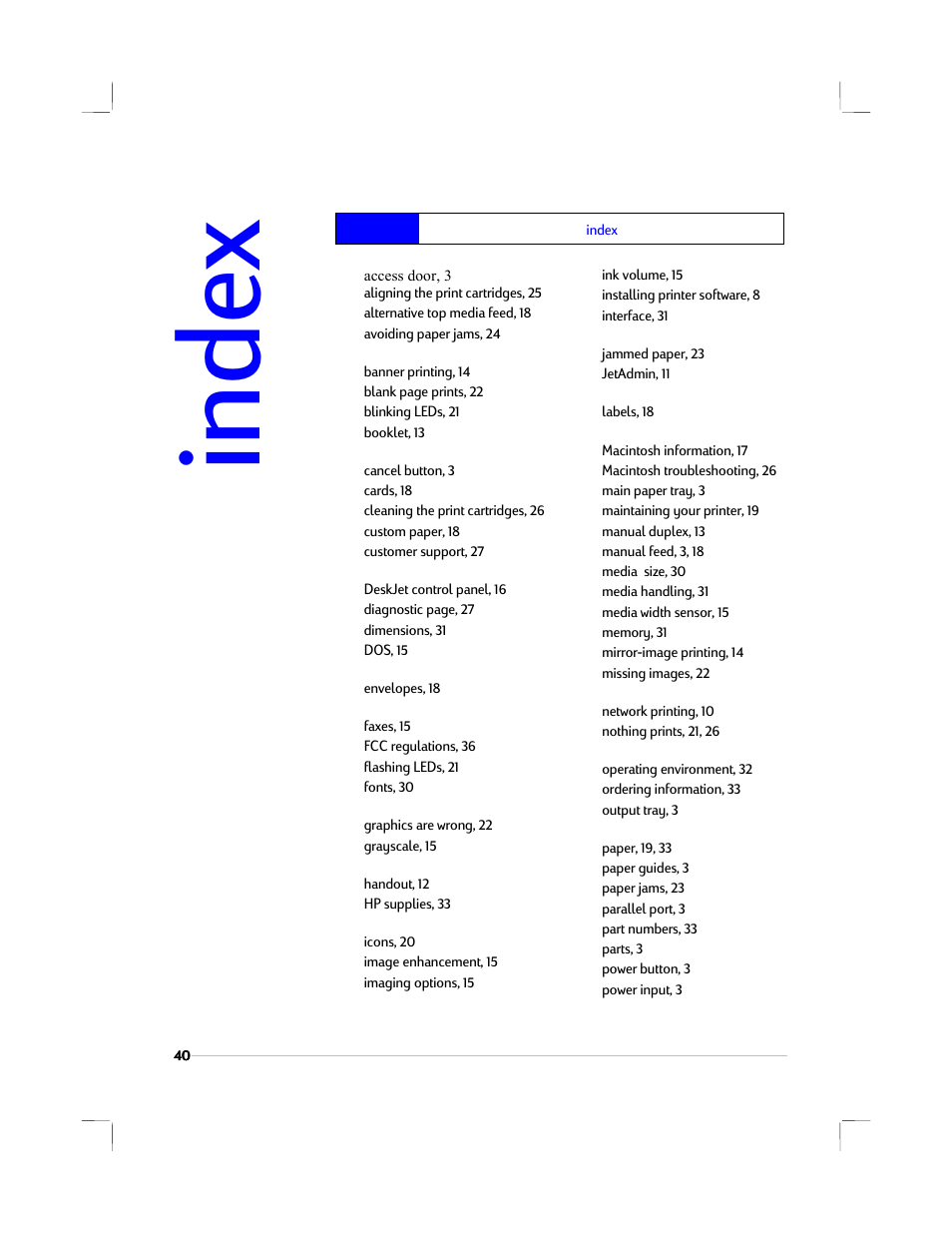 Index, Inde x | HP 1220C User Manual | Page 46 / 49