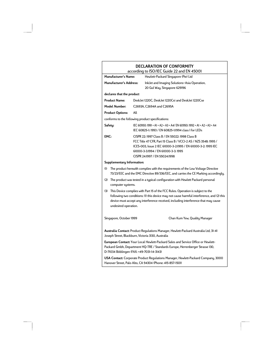 Declaration of conformity | HP 1220C User Manual | Page 48 / 49