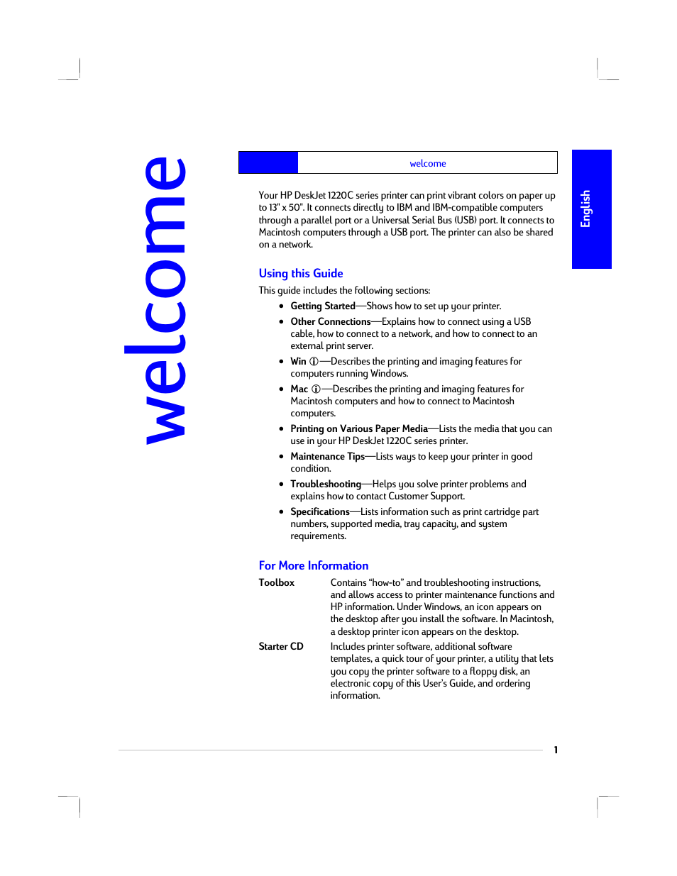 Welcome, Using this guide, For more information | HP 1220C User Manual | Page 7 / 49