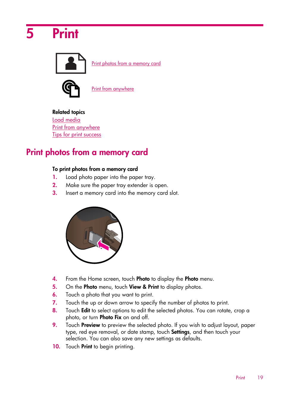 Print, Print photos from a memory card, 5print | HP 6510 User Manual | Page 21 / 64