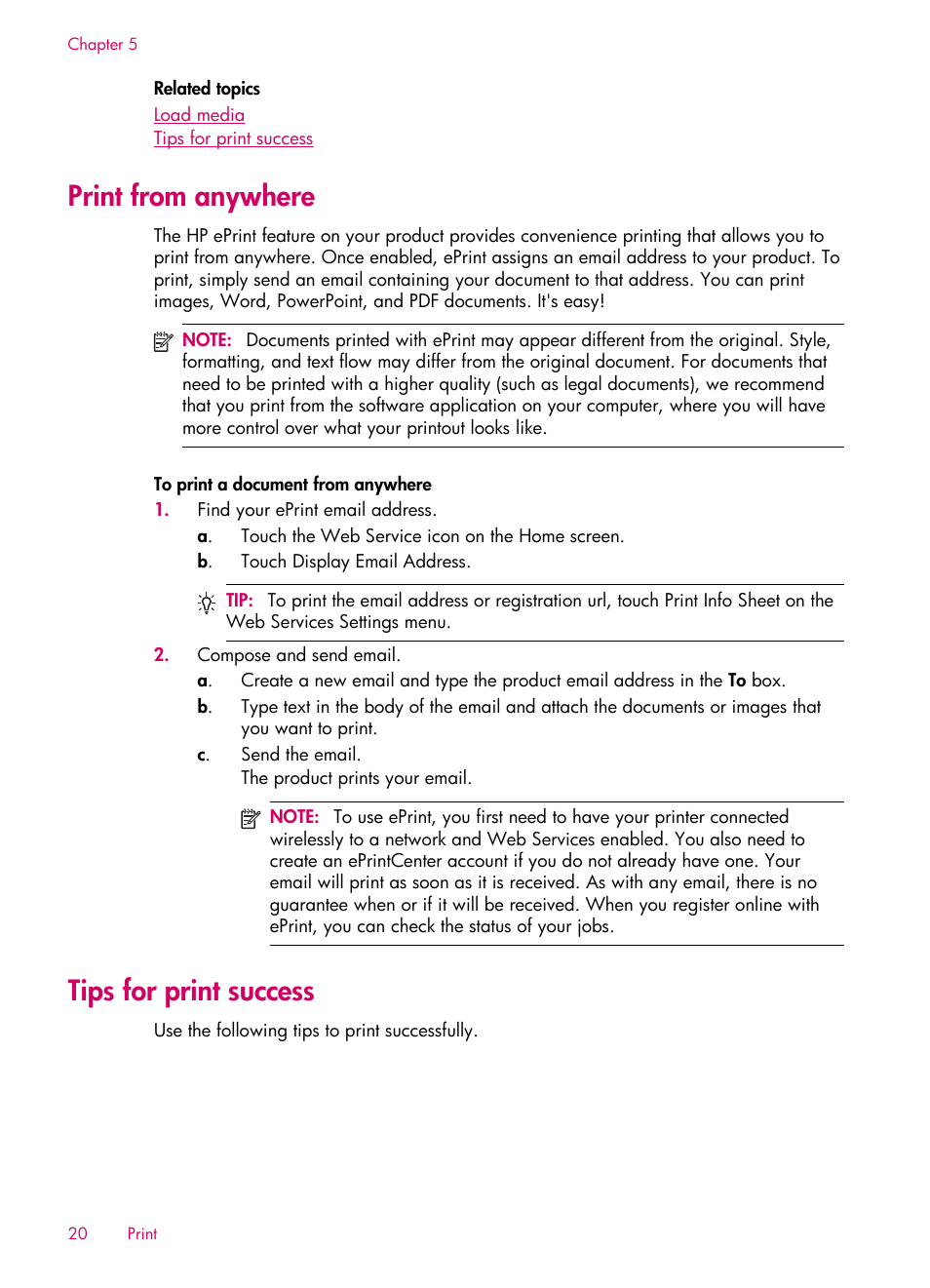 Print from anywhere, Tips for print success, Print from anywhere tips for print success | HP 6510 User Manual | Page 22 / 64