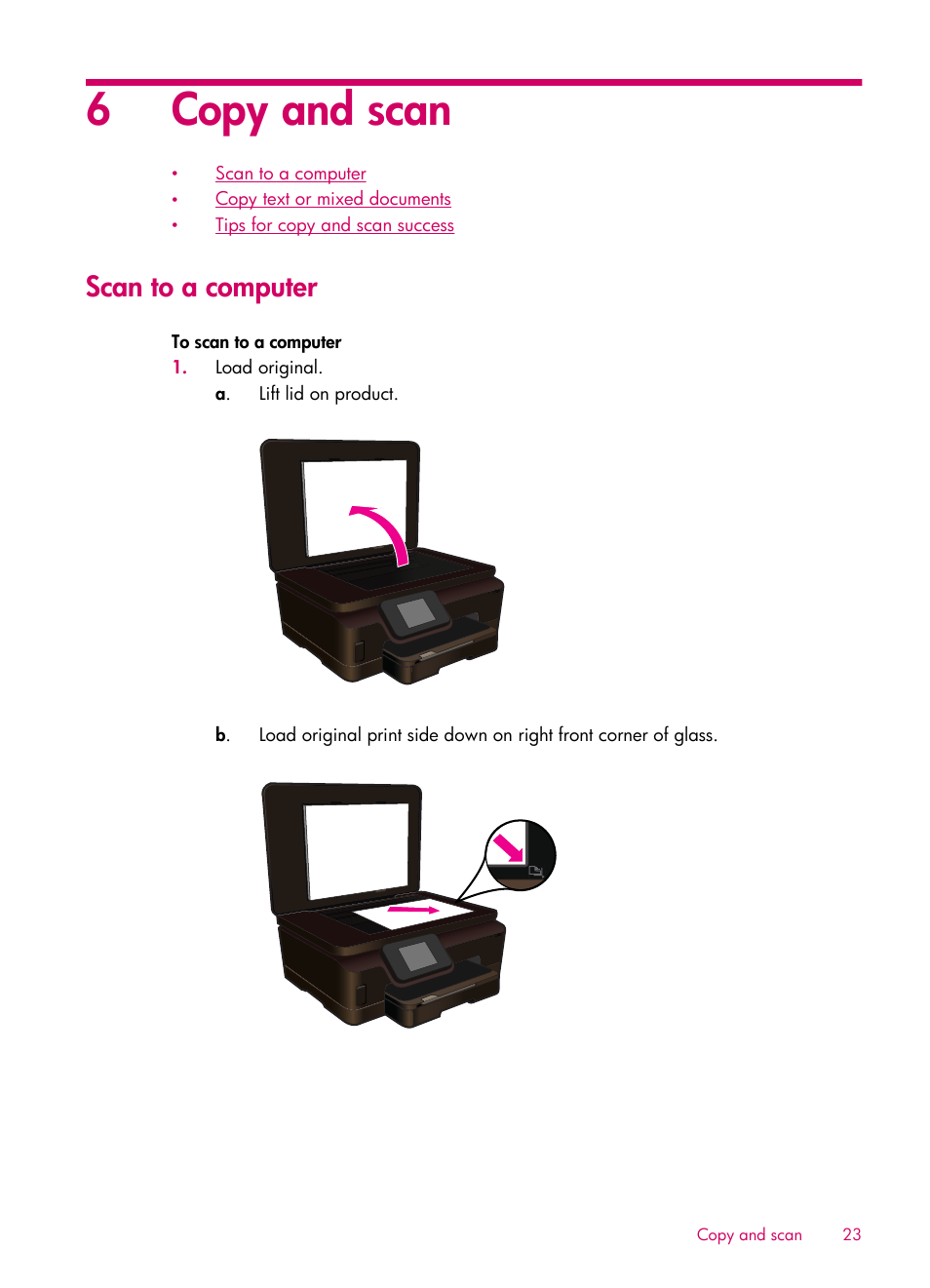 Copy and scan, Scan to a computer, 6copy and scan | HP 6510 User Manual | Page 25 / 64