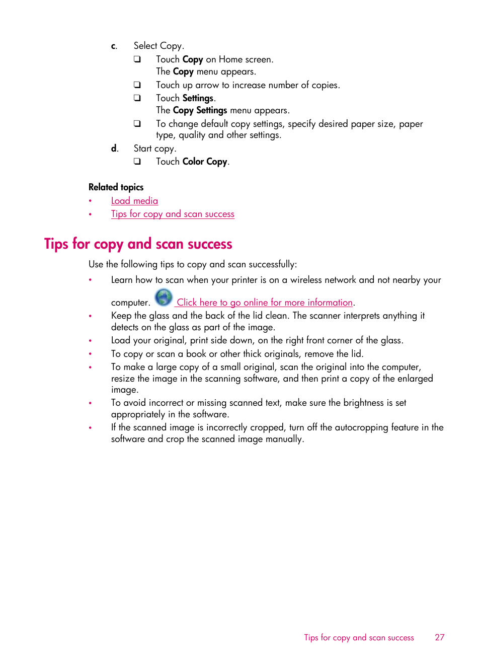 Tips for copy and scan success | HP 6510 User Manual | Page 29 / 64