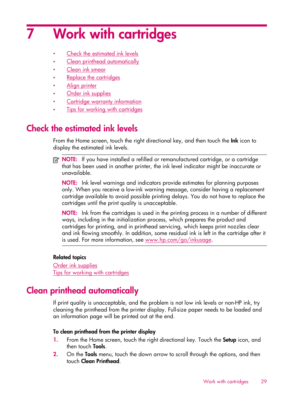 Work with cartridges, Check the estimated ink levels, Clean printhead automatically | 7work with cartridges | HP 6510 User Manual | Page 31 / 64