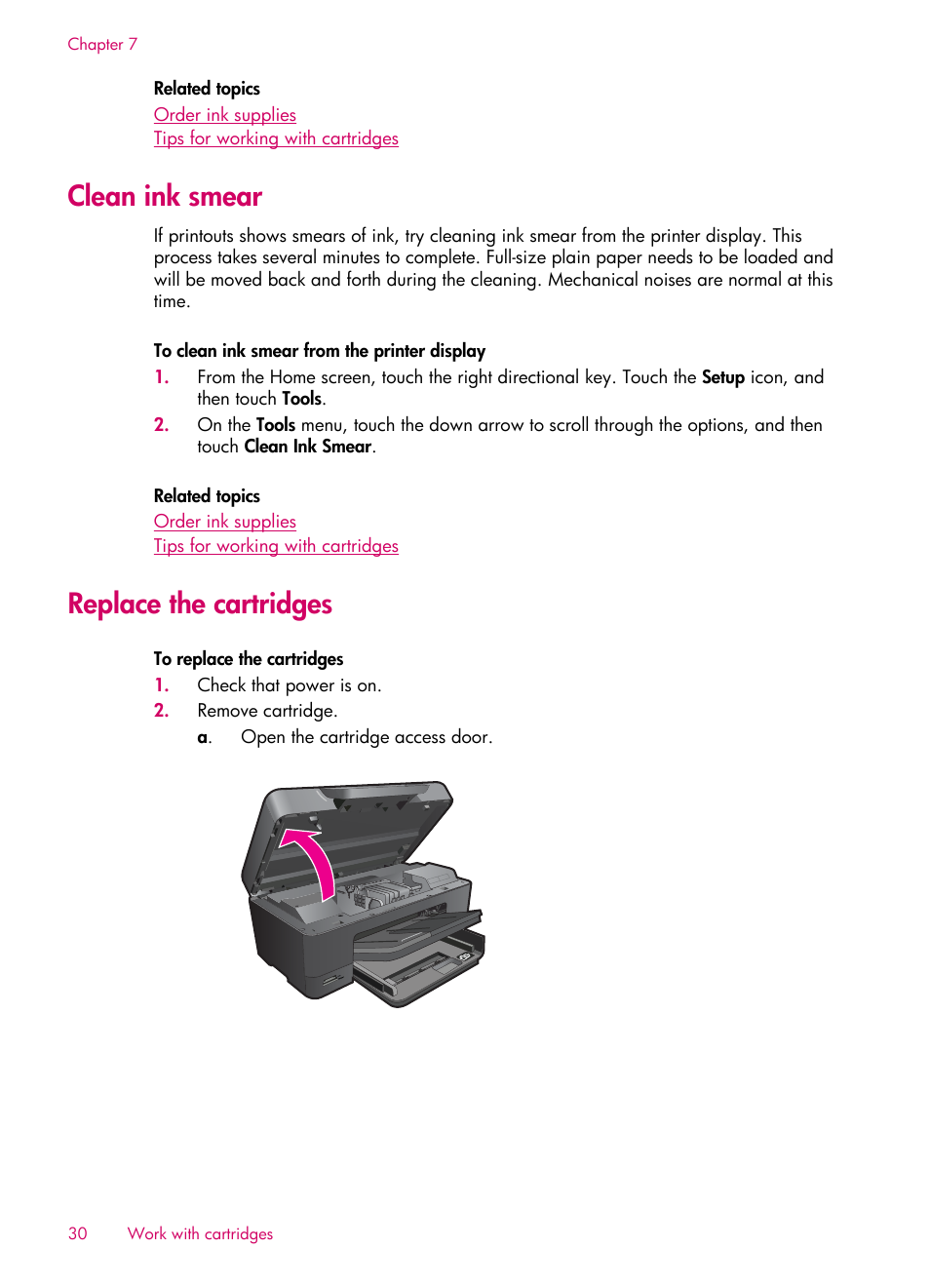 Clean ink smear, Replace the cartridges | HP 6510 User Manual | Page 32 / 64