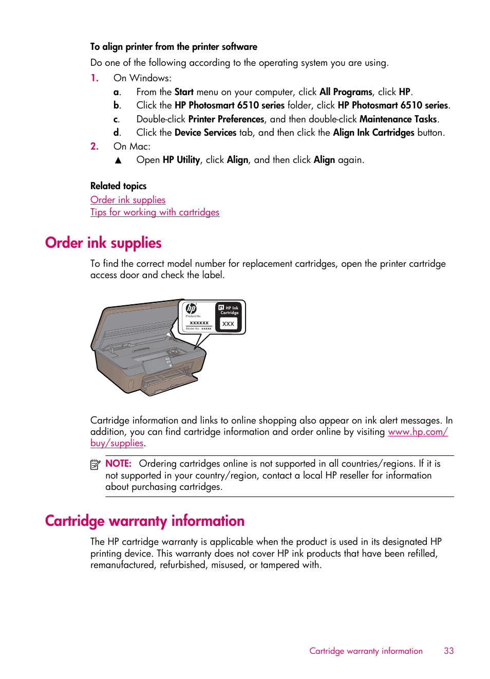 Order ink supplies, Cartridge warranty information | HP 6510 User Manual | Page 35 / 64