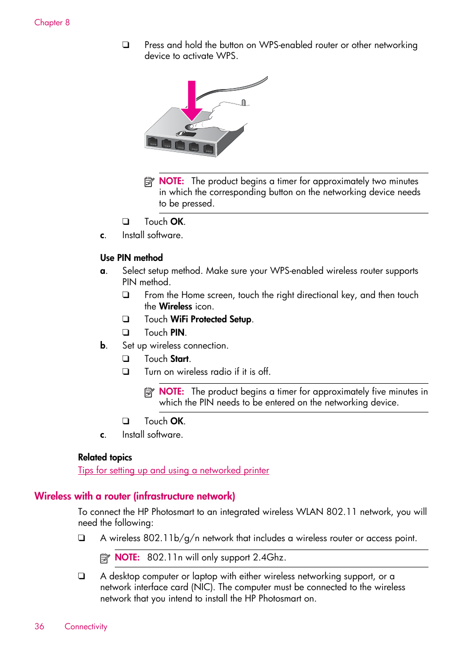 Wireless with a router (infrastructure network) | HP 6510 User Manual | Page 38 / 64