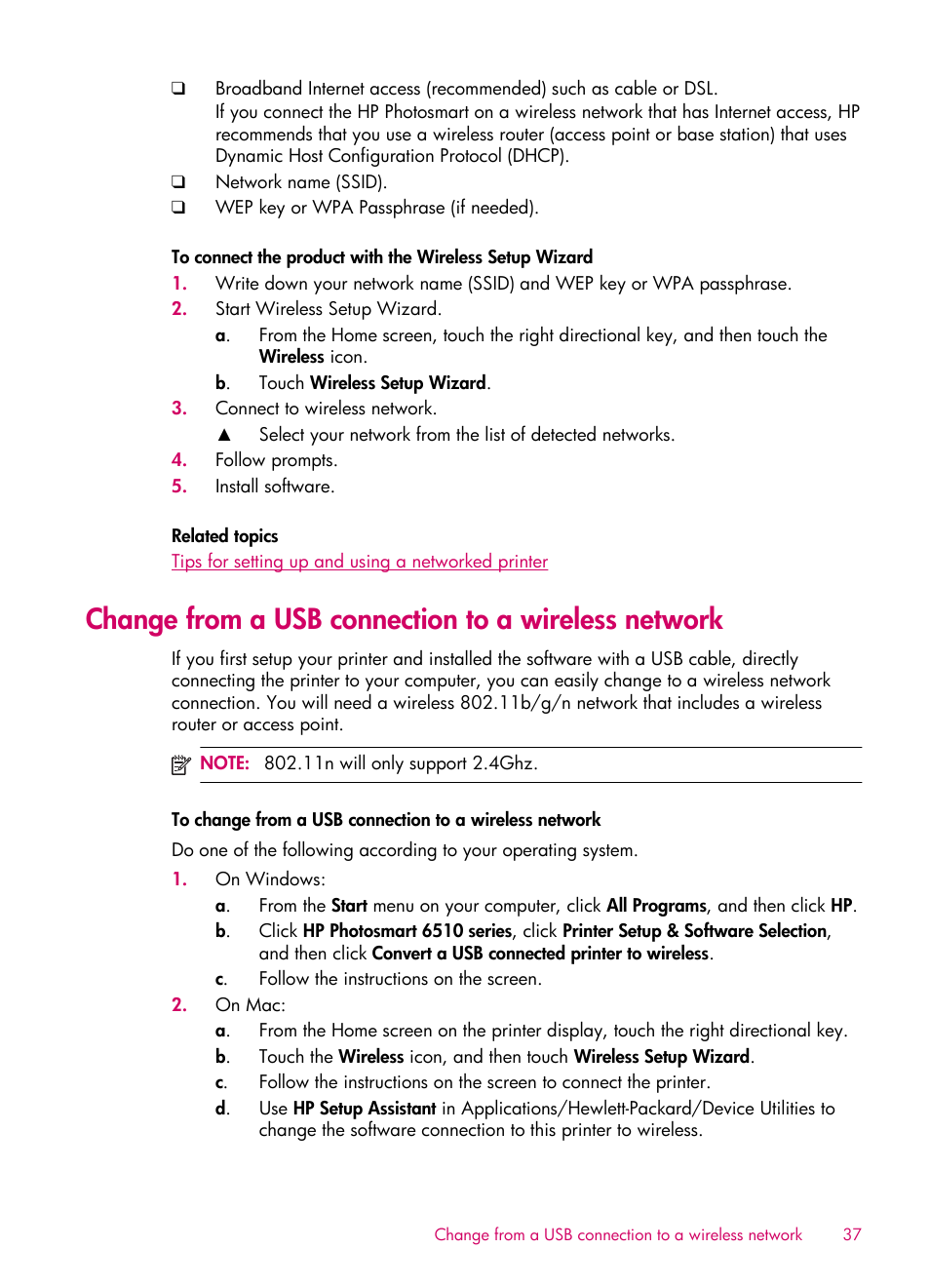 Change from a usb connection to a wireless network | HP 6510 User Manual | Page 39 / 64